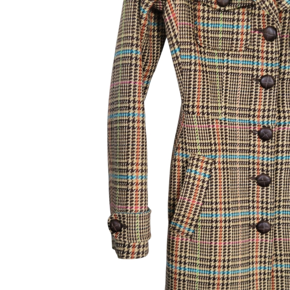 H&M Wool Blend Plaid Pea Coat S Retro 60s Mod Long Jacket Dark Academia - Picture 6 of 16
